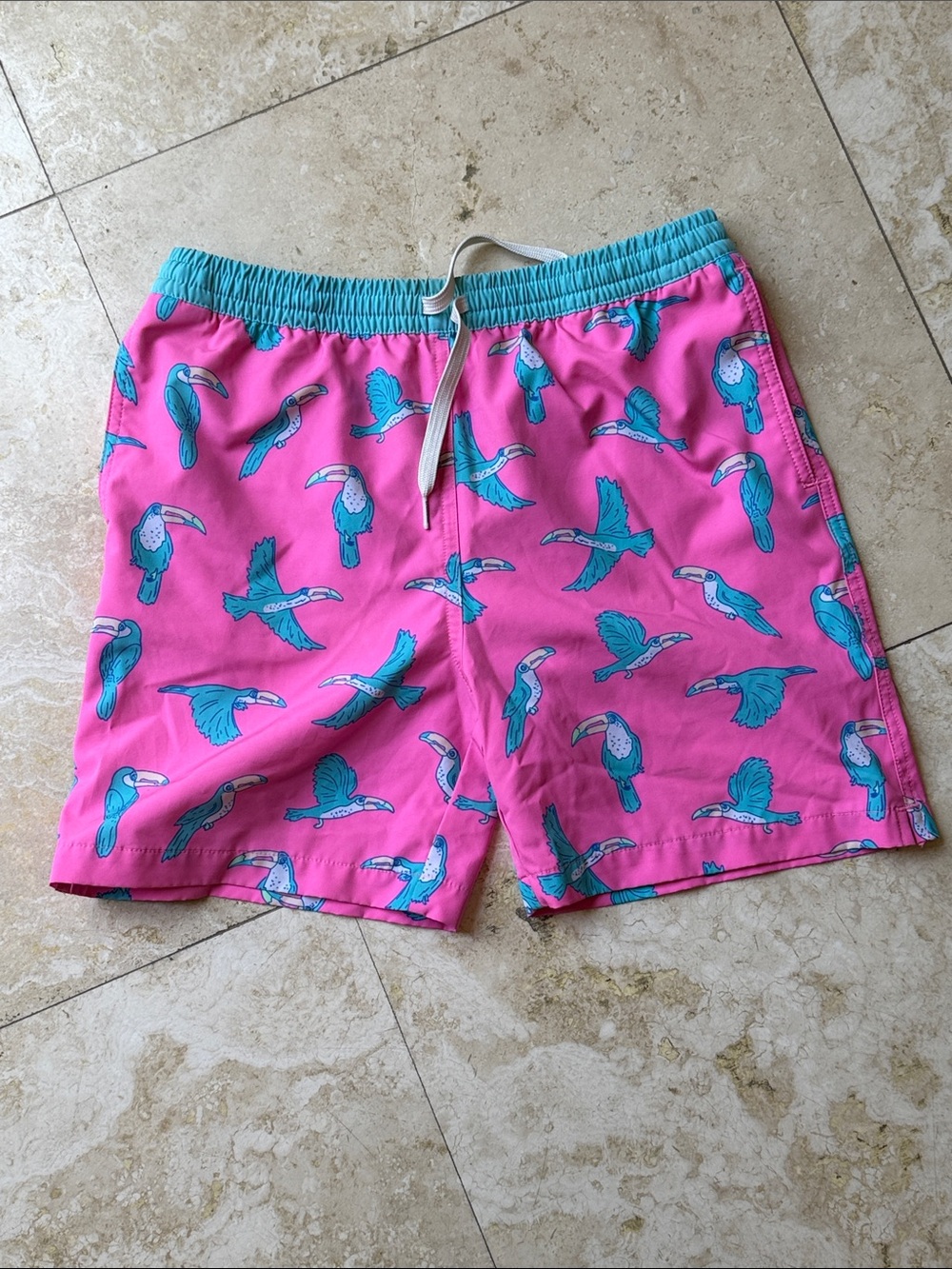 chubbies Pink Swim Trunks with Teal Toucan Print